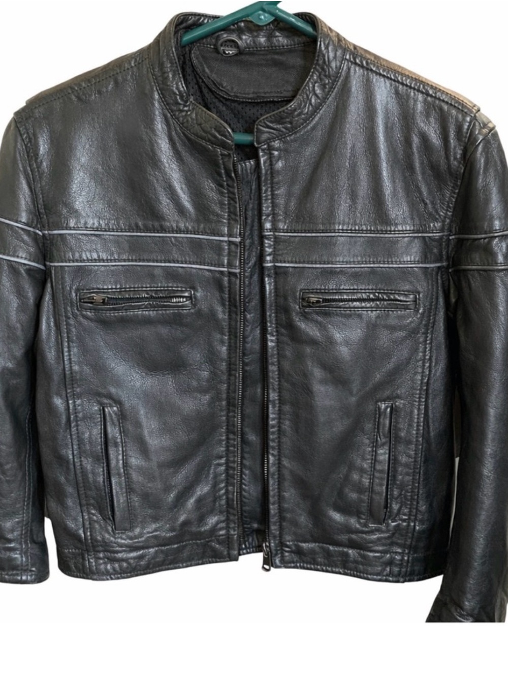 Unisex Classic Black Leather Bomber Jacket with Minimal Collar.